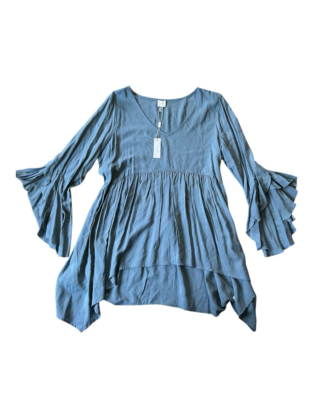 Cupio Blue Boho Tunic Top With Flouncy Bell sleeves Size Large New